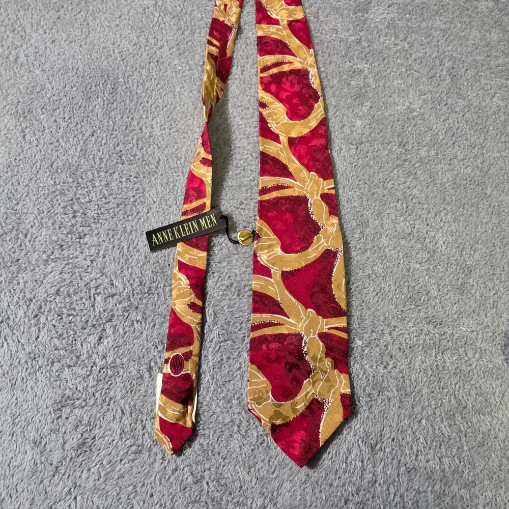 Anne Klein Men OS Necktie Burgundy Red Gold Equestrian Chain Silk Hand‎ Made USA